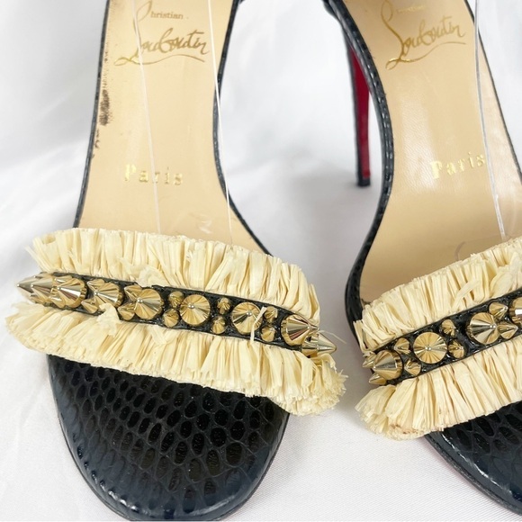 Christian Louboutin Poupedou Raffia Open Toe Leather Stiletto Heels Black EU 36 - Picture 5 of 12